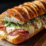 A sandwich with meat, cheese, and lettuce.