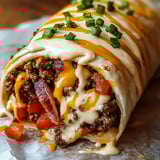 A burrito with cheese and bacon.