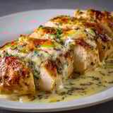 Mozzarella stuffed chicken breast on a plate.