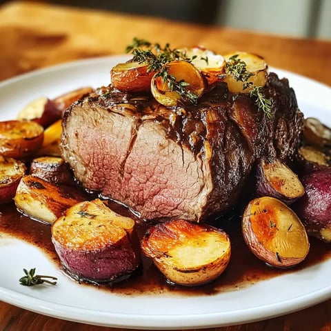 Tender beef roast with a pink middle. Fresh thyme on top. Sliced and sitting by golden and purple potatoes.