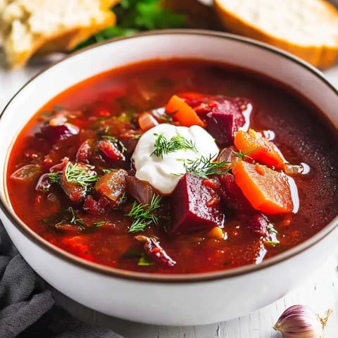 A warm bowl of bright beet soup topped with cream and dill, served alongside rye bread and garlic.