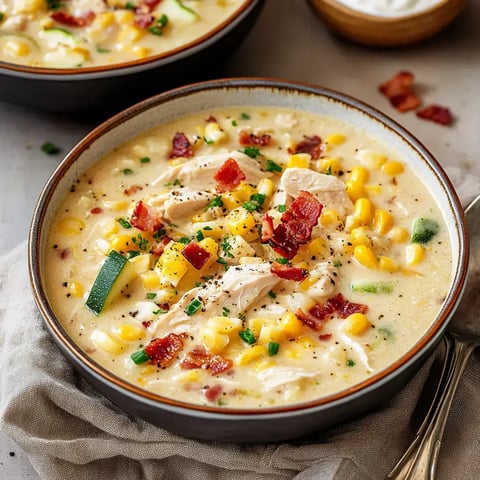 Warm chicken and corn chowder in a bowl with crispy bacon and fresh herbs on top.