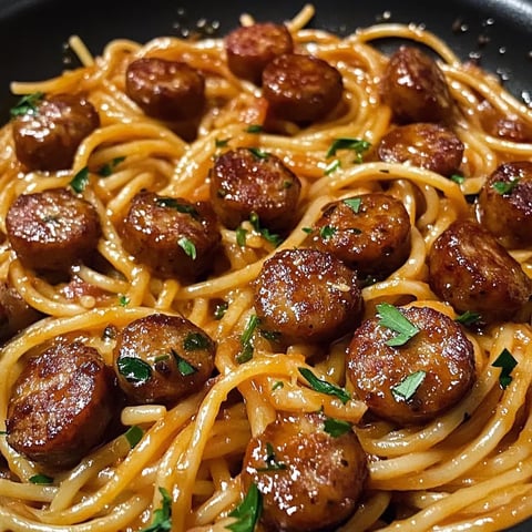 A plate of spaghetti with meatballs and sausage.