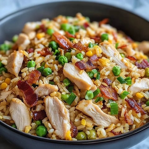 A bowl of rice with chicken and peas.