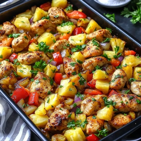 A pan of food with chicken, pineapple, and peppers.